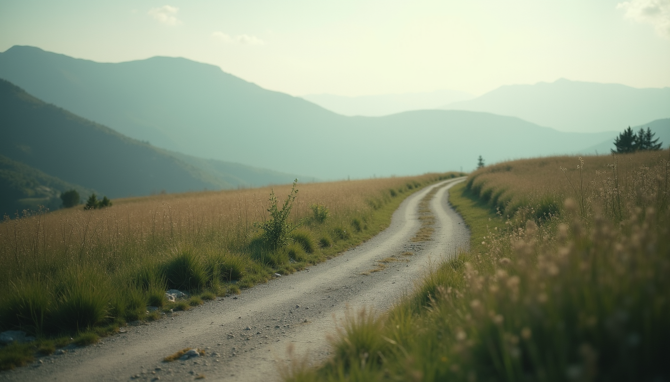 A mountain road leading toward a broad horizon.